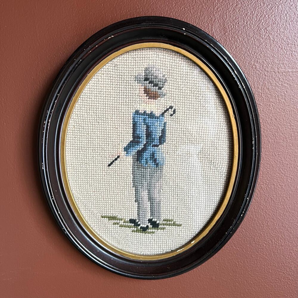 Pair of 1949 Hand Stitched Needlepoint Petit Point Oval Art Framed Vintage 40s - Picture 2 of 12